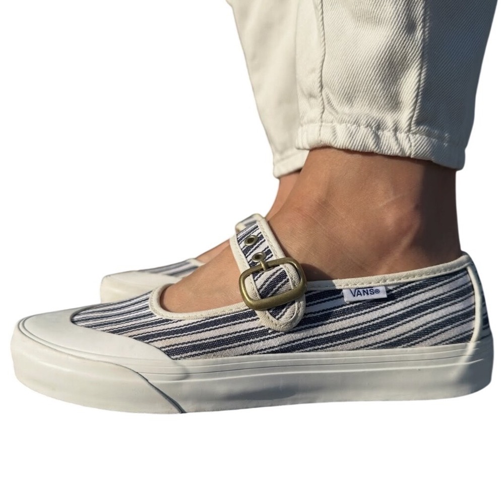 Vans Womens Mary Jane Striped Canvas Shoes French Riviera Egret Blue Size 10